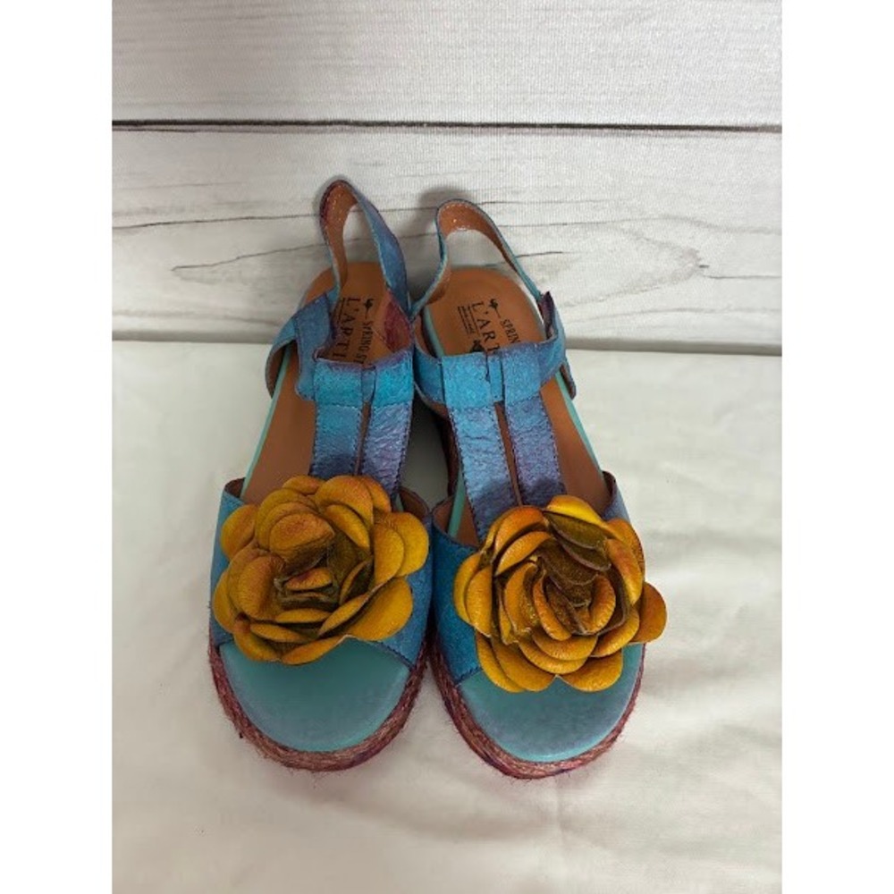 L'Artiste Spring Step Tempest Turquoise Leather Rose Platform Wedge Sandals 37